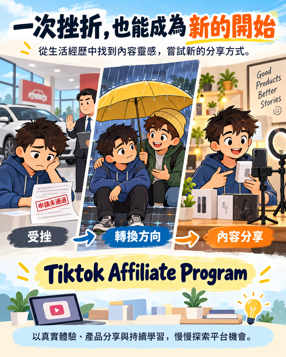 从购车申请受挫、雨中得到朋友支持，到尝试创作产品分享内容的插画；包含 Tiktok Affiliate Program 字样